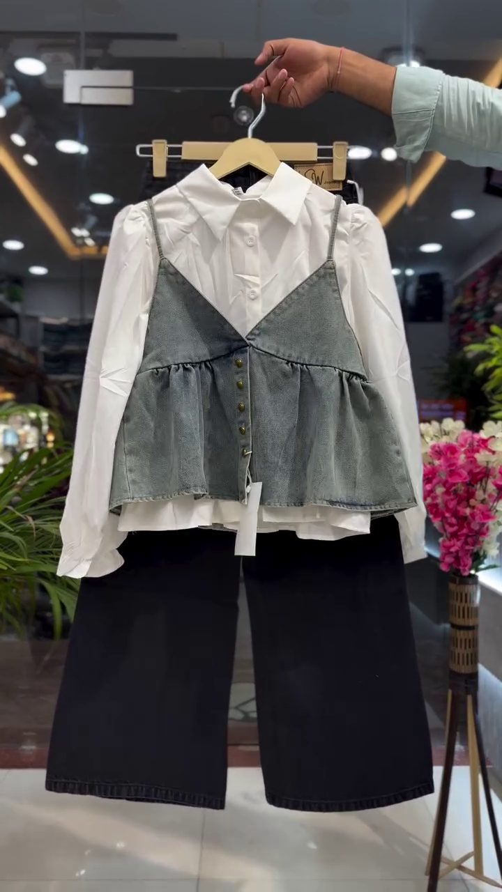 Denim Camisole Peplum Top & Black Wide-Leg Culotte Pants Set