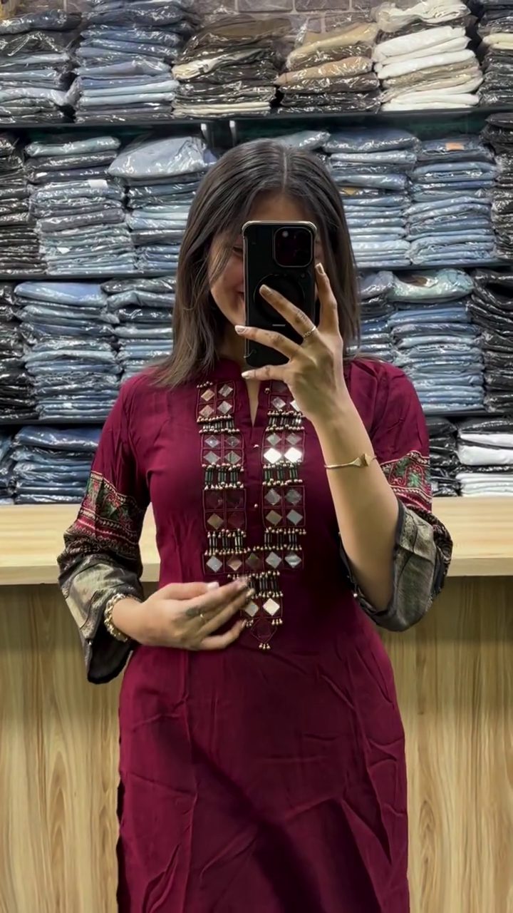 Mirror Embroidered Kurti with Patterned Sleeve Borders