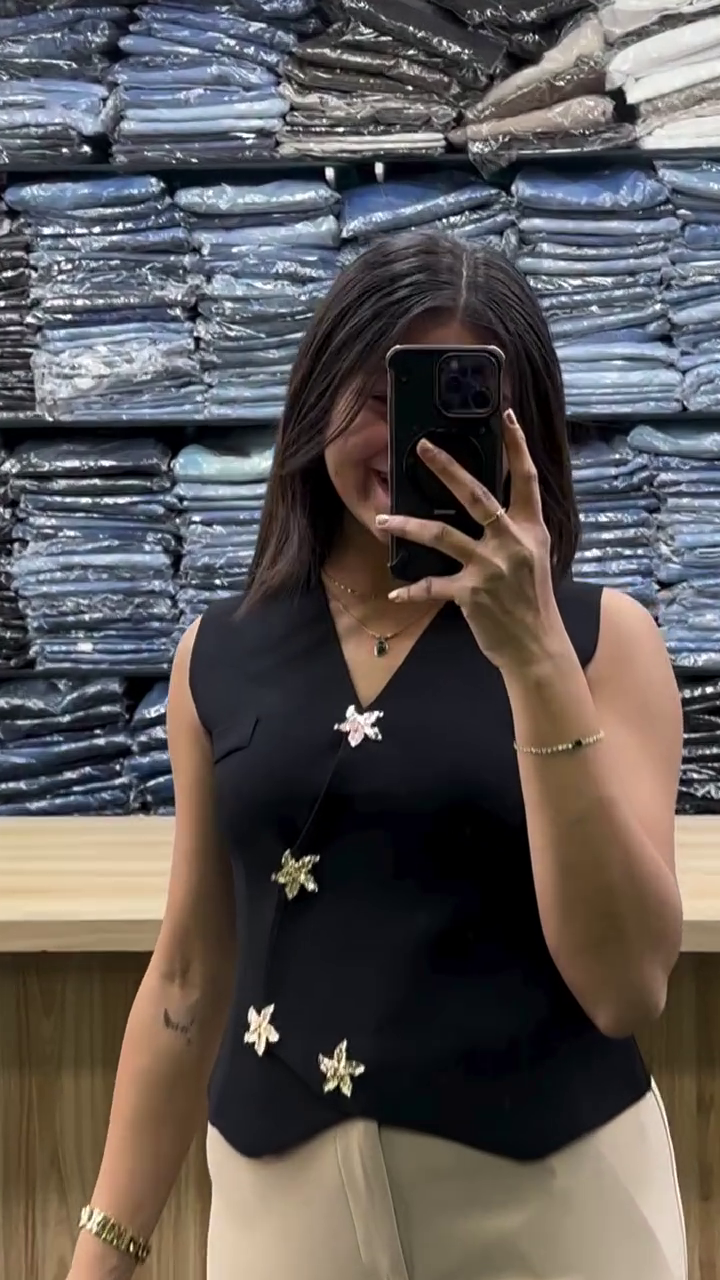 Waistcoat Top with Decorative Floral Metal Buttons & Beige High-Waist Flared Pants