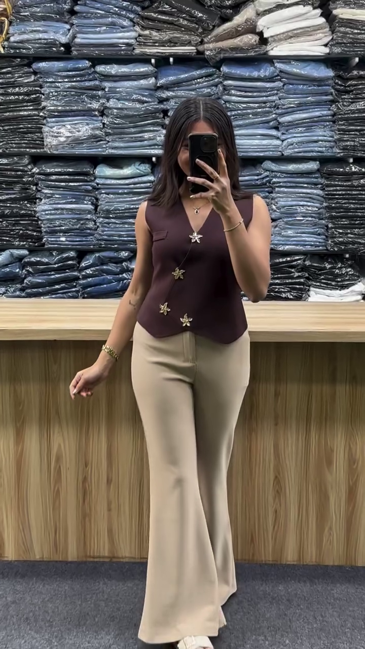 Waistcoat Top with Decorative Floral Metal Buttons & Beige High-Waist Flared Pants