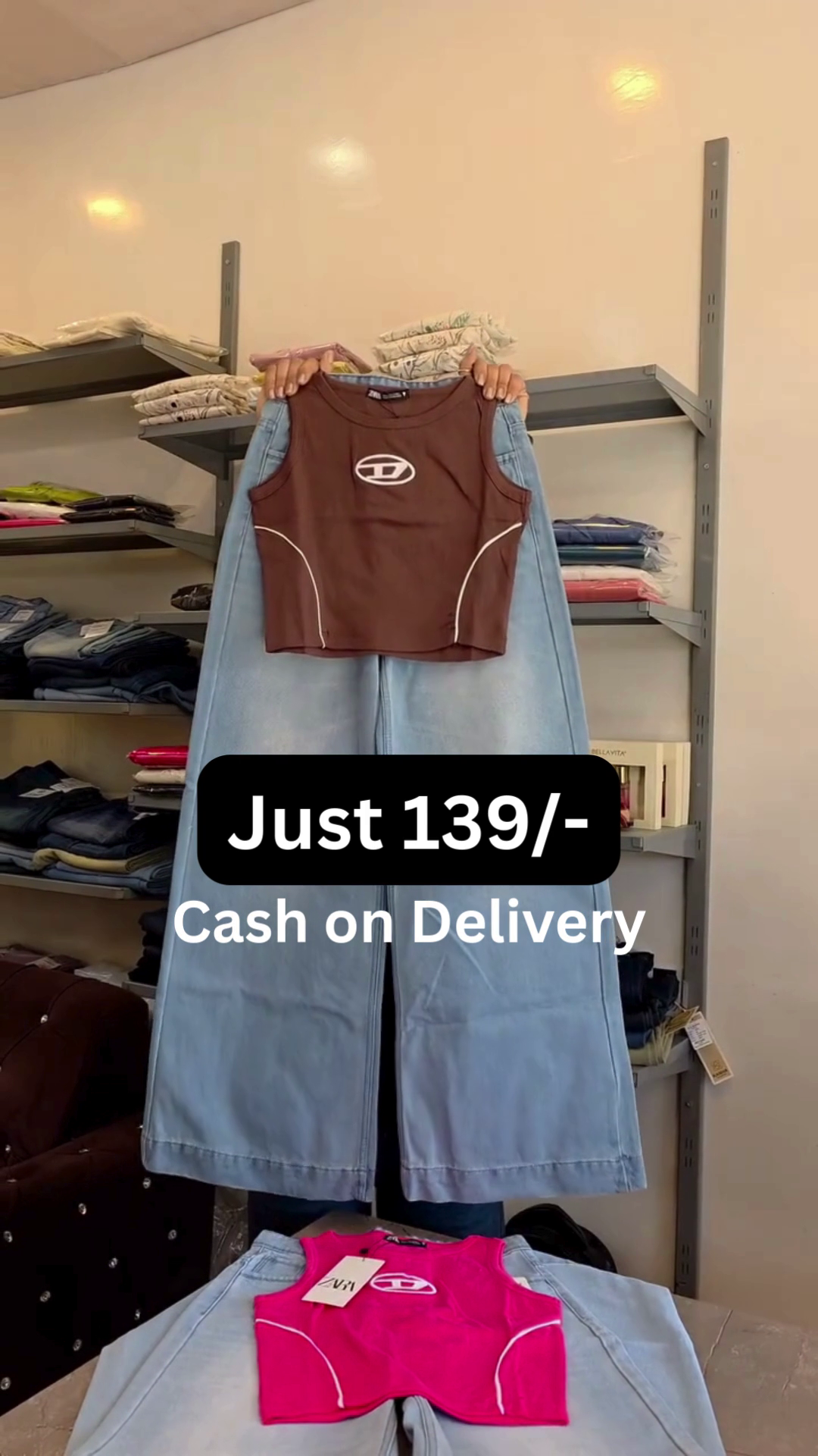 Pink Sleeveless Athletic Style Crop Top with Denim Pants Set