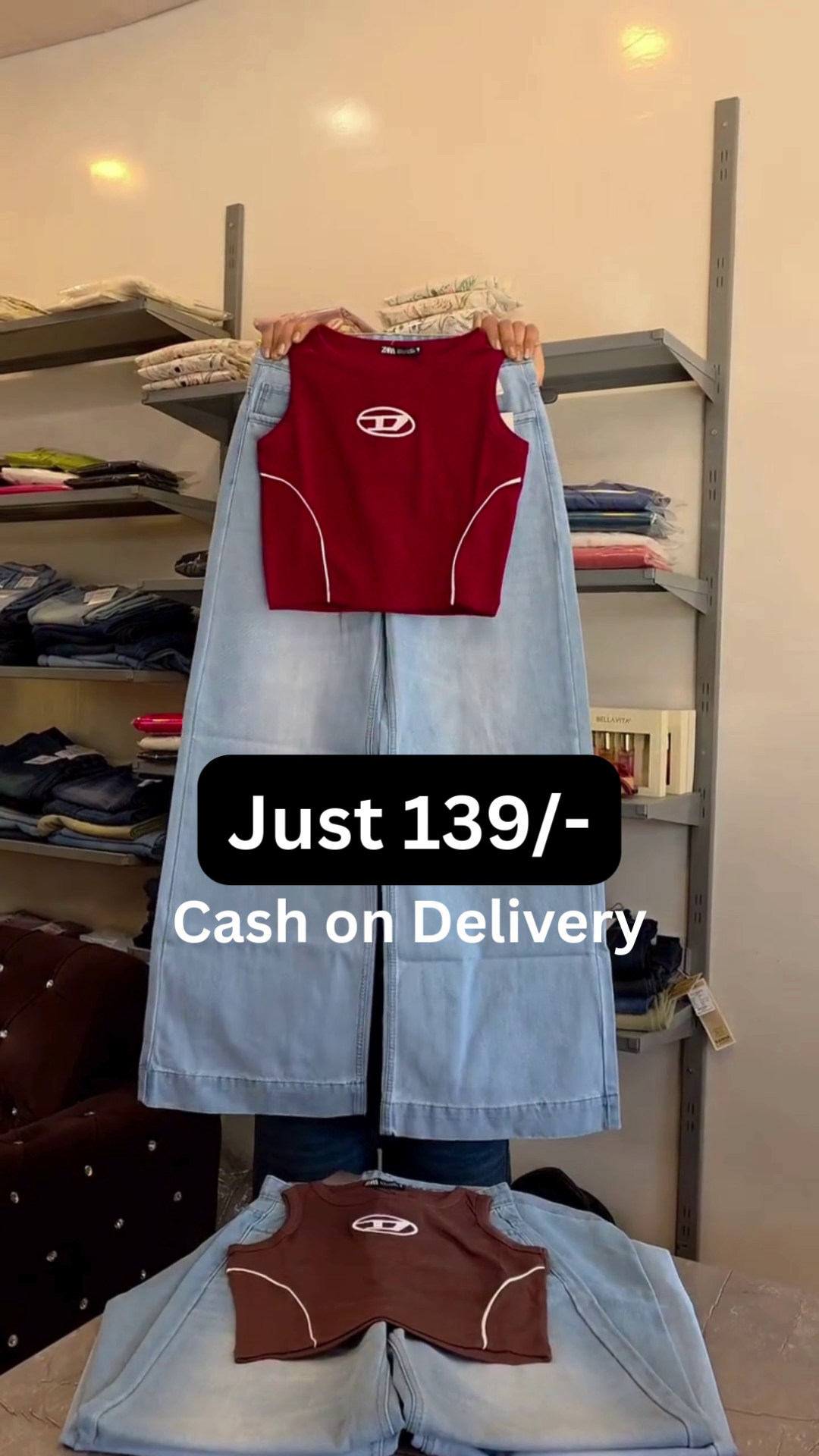 Pink Sleeveless Athletic Style Crop Top with Denim Pants Set