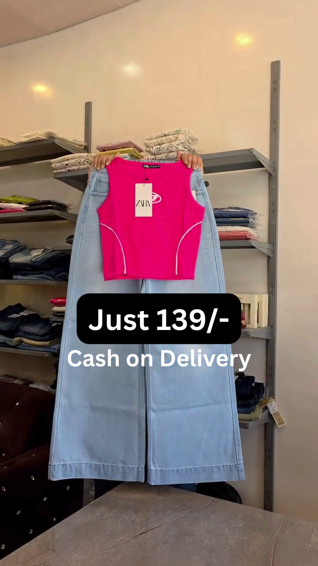 Pink Sleeveless Athletic Style Crop Top with Denim Pants Set