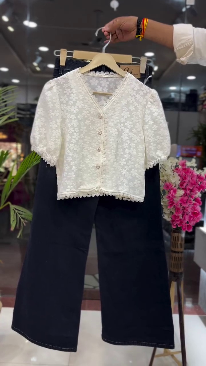 Blush Bloom Lace Detail Crop Top with Elegant Black Wide-Leg Pants Co-Ord Set 🌸✨