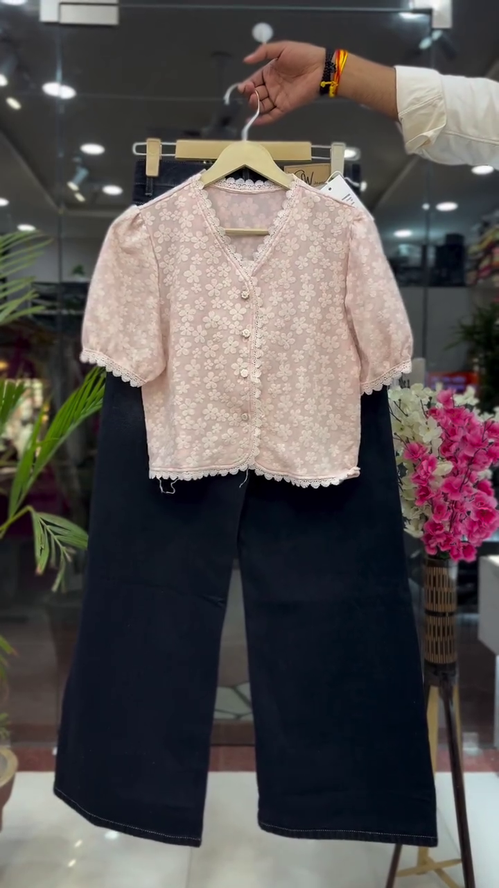 Blush Bloom Lace Detail Crop Top with Elegant Black Wide-Leg Pants Co-Ord Set 🌸✨