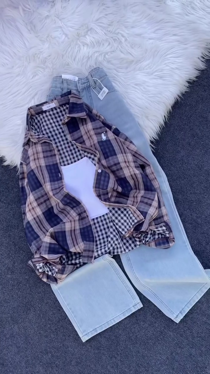 Cherry Crush Plaid Shirt & Light-Wash Denim Co-Ord Set ❤️👖✨