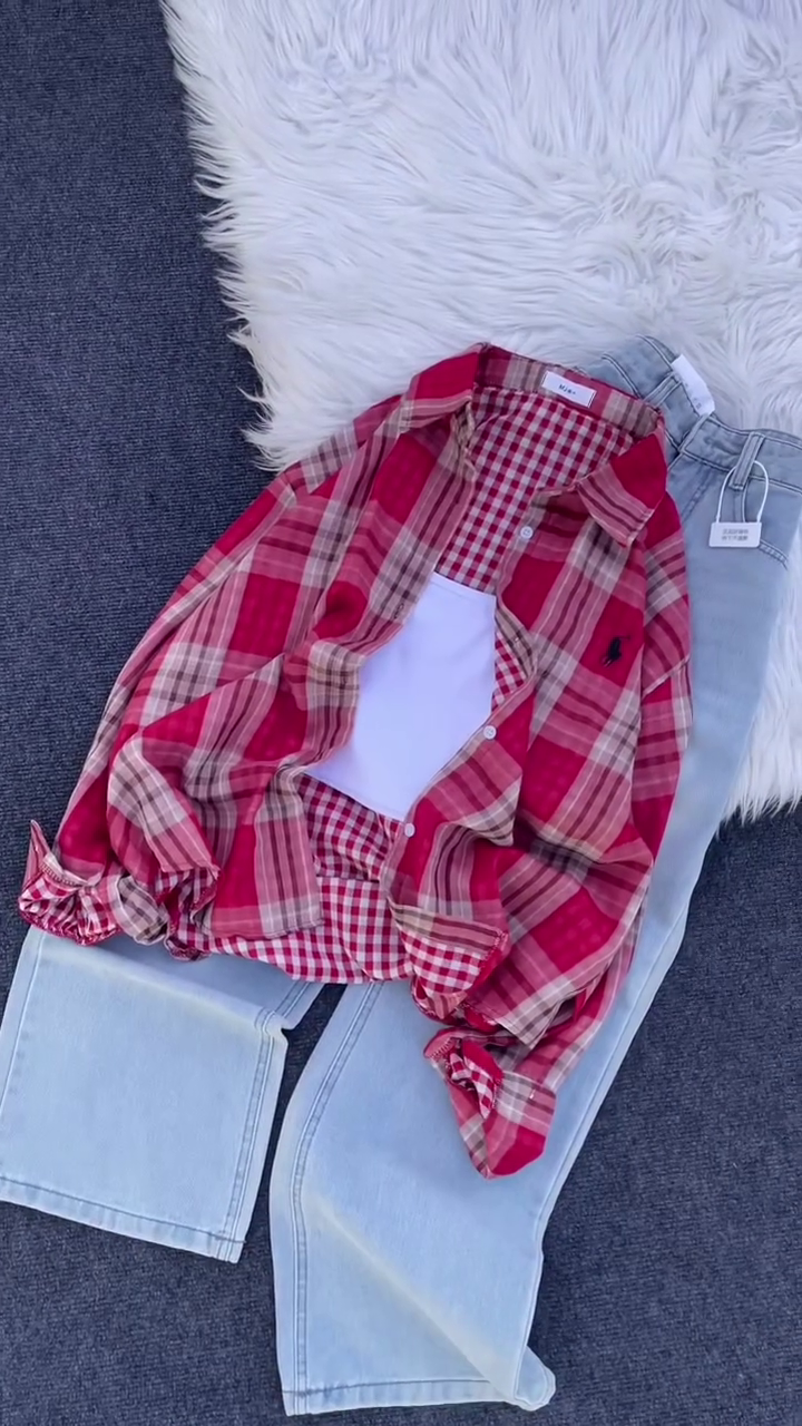 Cherry Crush Plaid Shirt & Light-Wash Denim Co-Ord Set ❤️👖✨