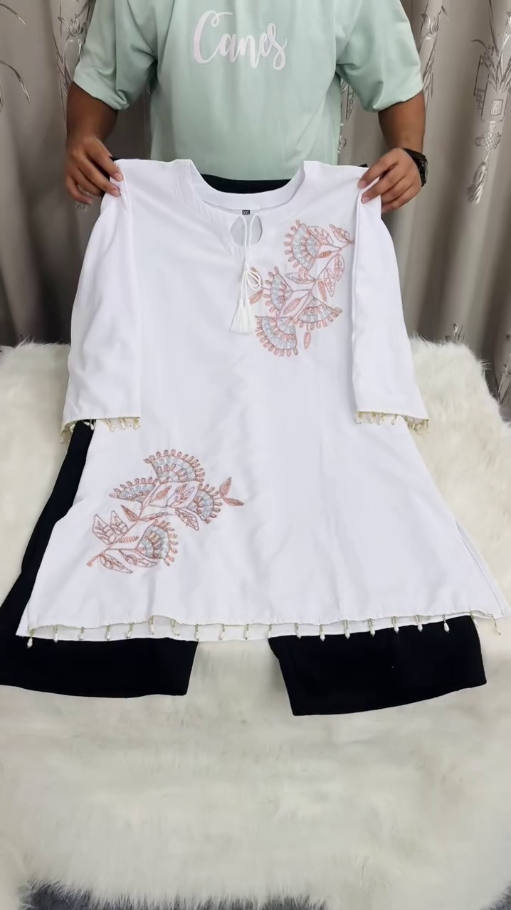 Ivory Grace Embroidered Kurta & Classic Black Bottom Co-Ord Set 🤍✨🌿