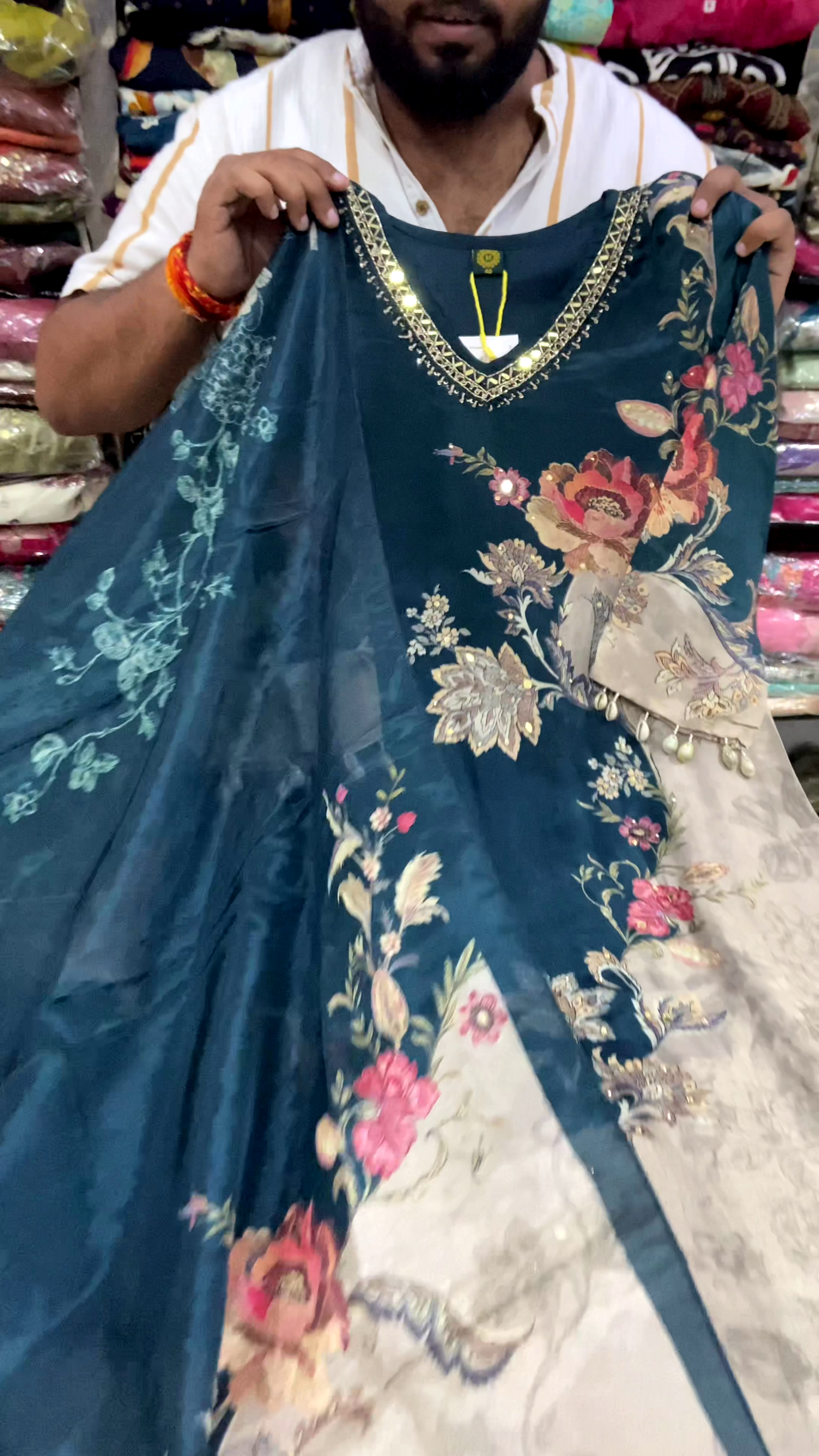 Royal Teal Floral Elegance Kurti with Sheer Panel & Embellished Neckline 💚✨🌸