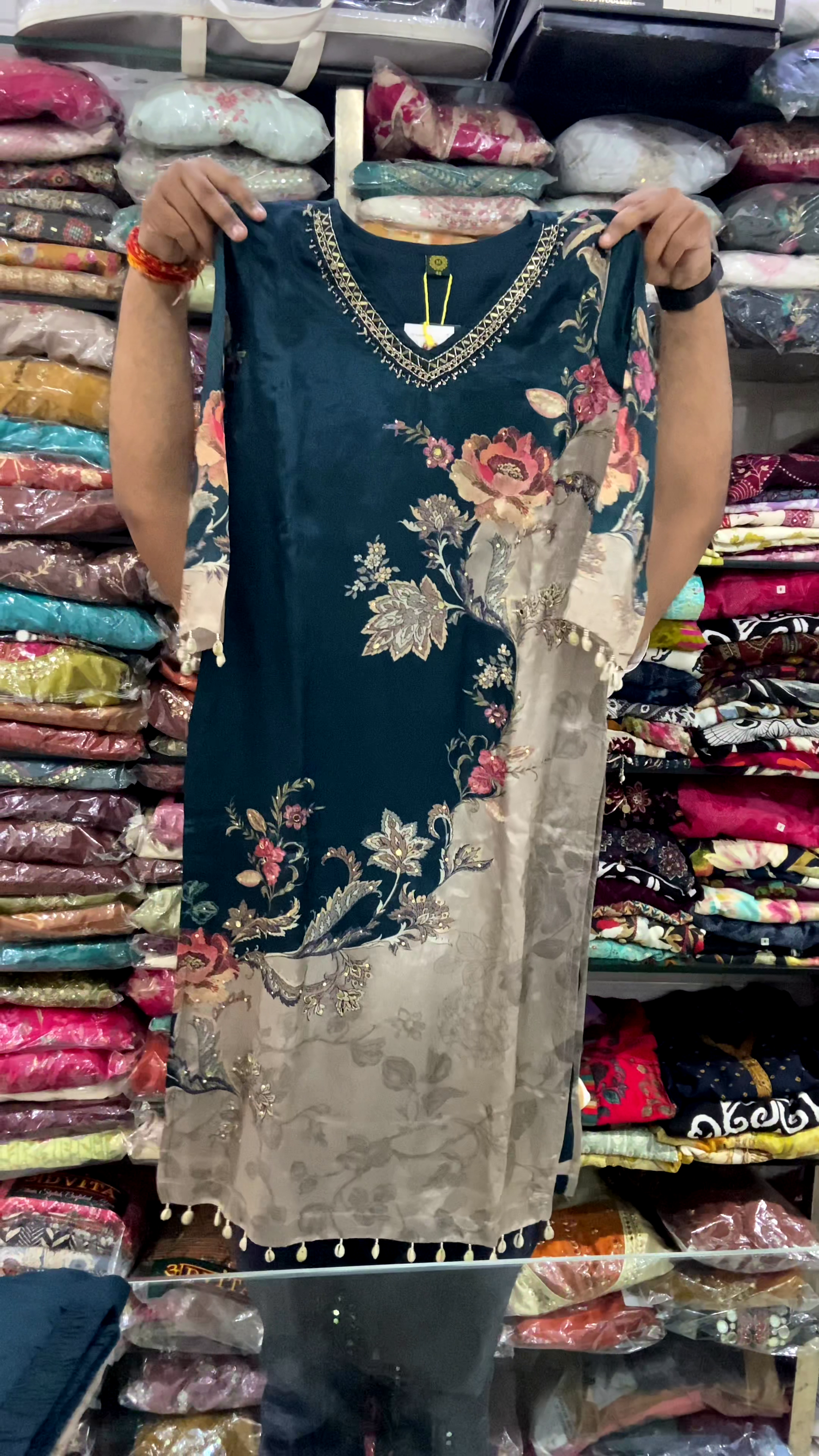 Royal Teal Floral Elegance Kurti with Sheer Panel & Embellished Neckline 💚✨🌸