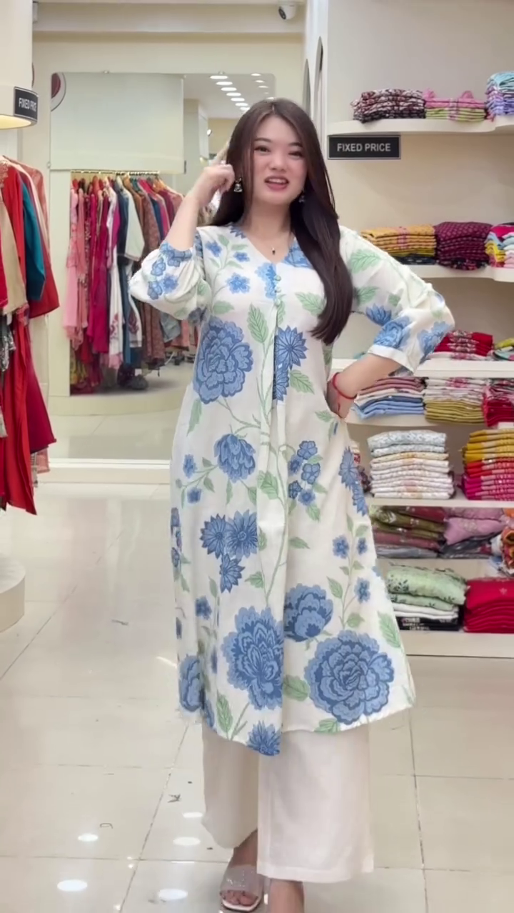 Elegant Blue Blossom Printed Kurti with Flowy Silhouette & Minimal Chic Vibes 💙🌸✨