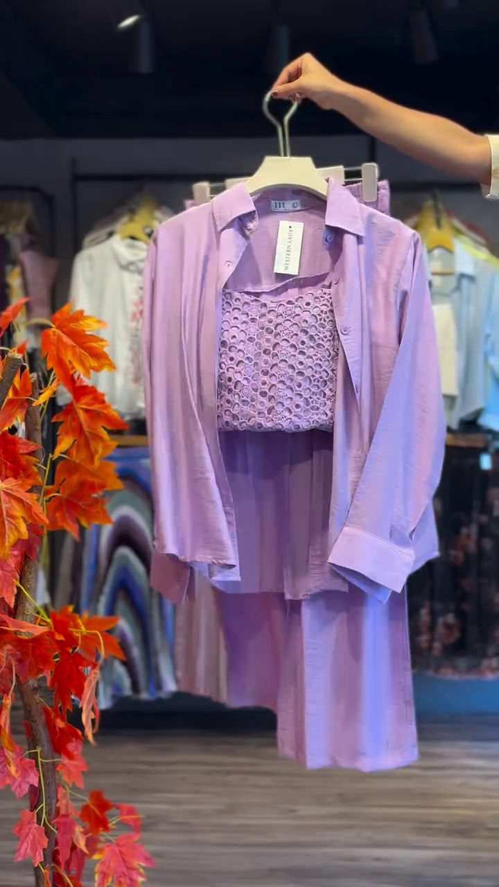 Lavender Dream Luxe Co-Ord Set with Crochet Inner, Oversized Shirt & Flowy Shorts 💜✨🌸