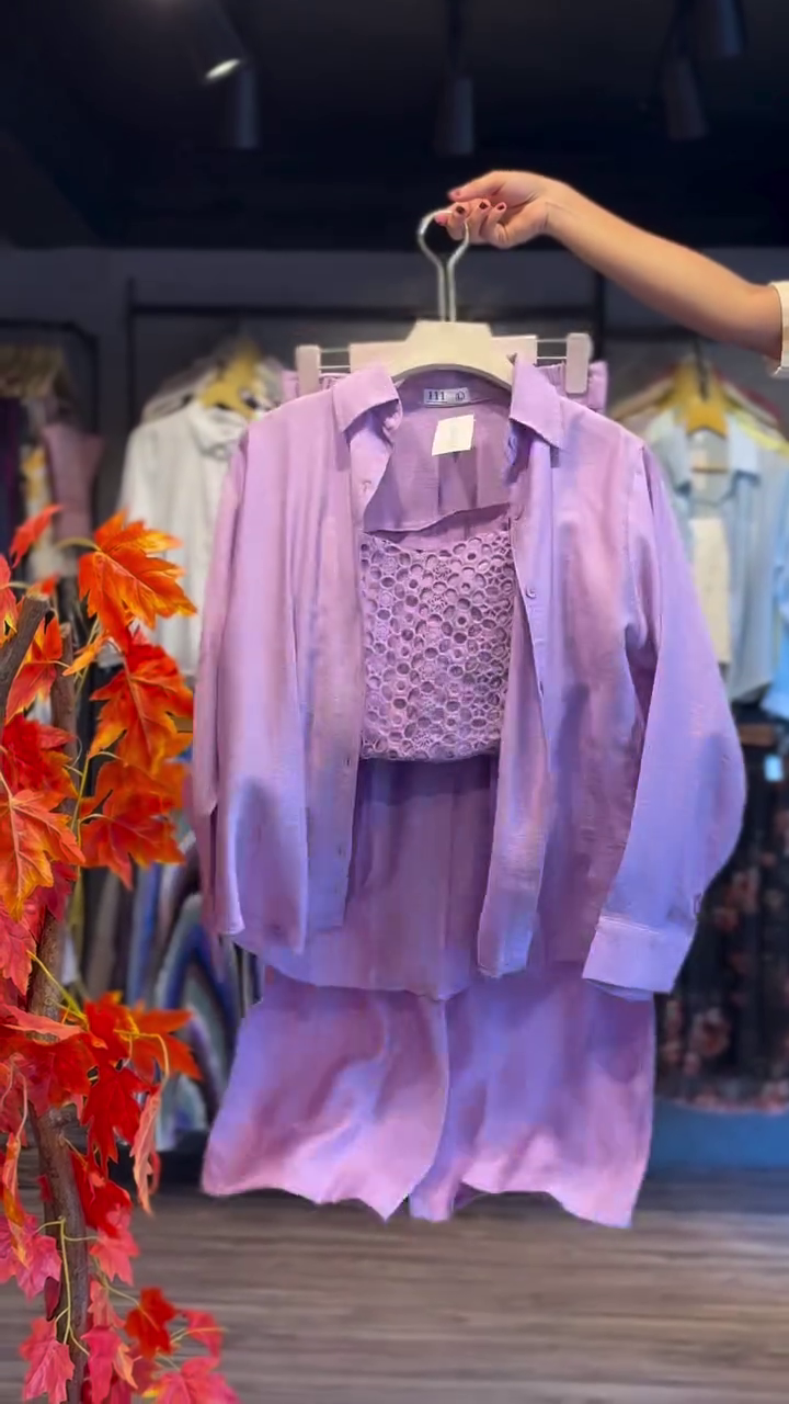 Lavender Dream Luxe Co-Ord Set with Crochet Inner, Oversized Shirt & Flowy Shorts 💜✨🌸