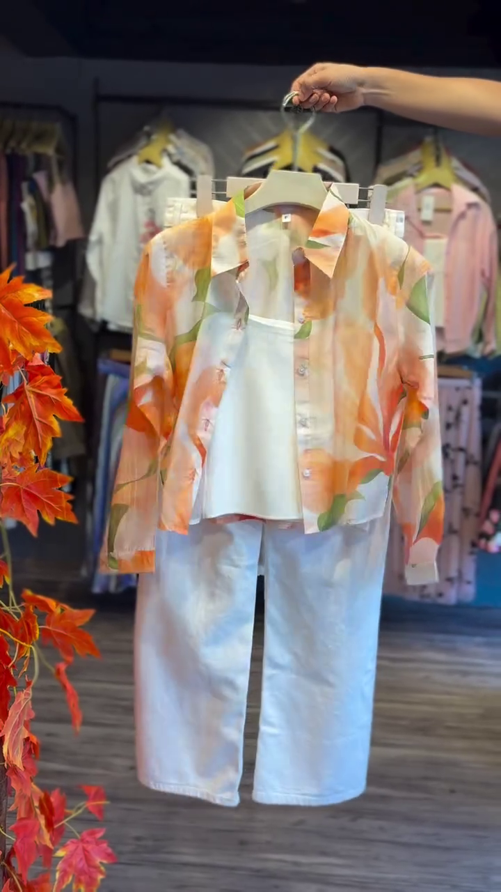 Sunset Watercolor Chic Co-Ord Set with Printed Sheer Shirt, Inner Top & White Wide-Leg Pants 🌅✨🧡