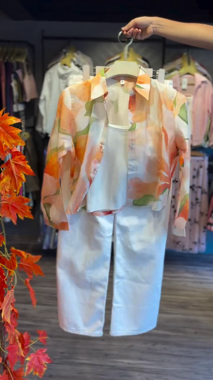 Sunset Watercolor Chic Co-Ord Set with Printed Sheer Shirt, Inner Top & White Wide-Leg Pants 🌅✨🧡