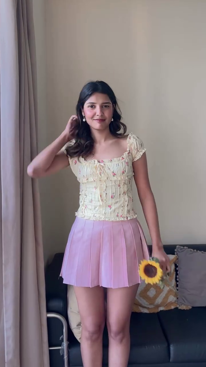 Sweet Blossom Cottagecore Co-Ord with Floral Ruched Top & Pleated Mini Skirt 🌸💛✨