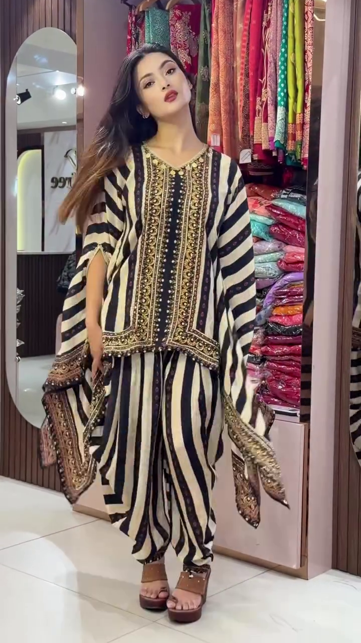 🖤 Regal Black & Beige Striped Cape Co-Ord Set – Statement Ethnic Fusion Glam ✨👑