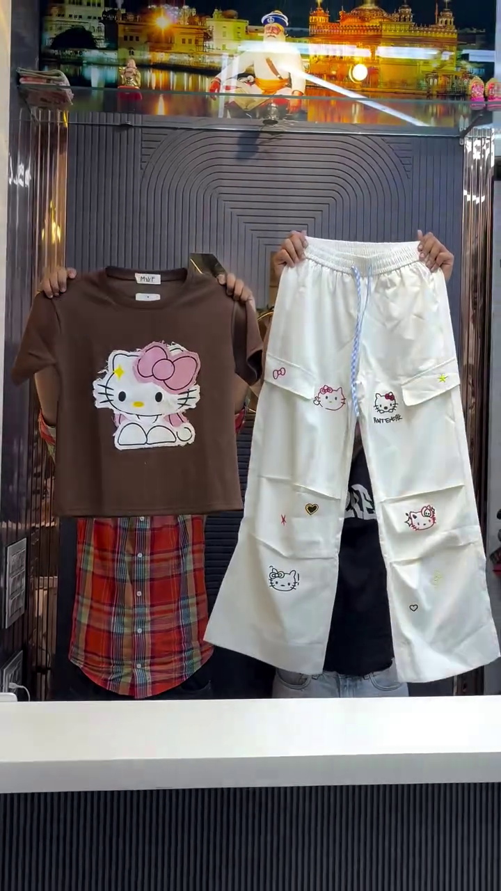 Cute Pop Cartoon Tee & Cargo Pants Co-Ord Set 💕🐱✨