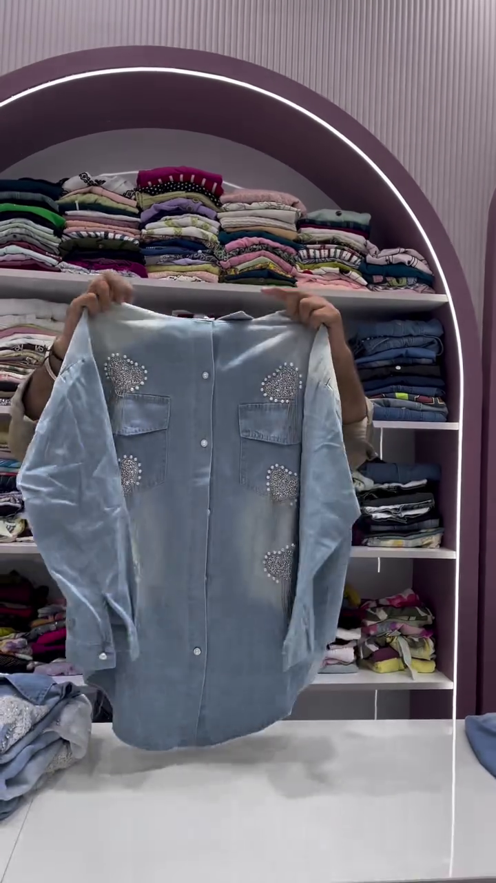 Vintage Blue Butterfly Embroidered Statement Denim Shirt with Elegant Shimmer Detailing & Premium Casual Chic Look 🦋✨