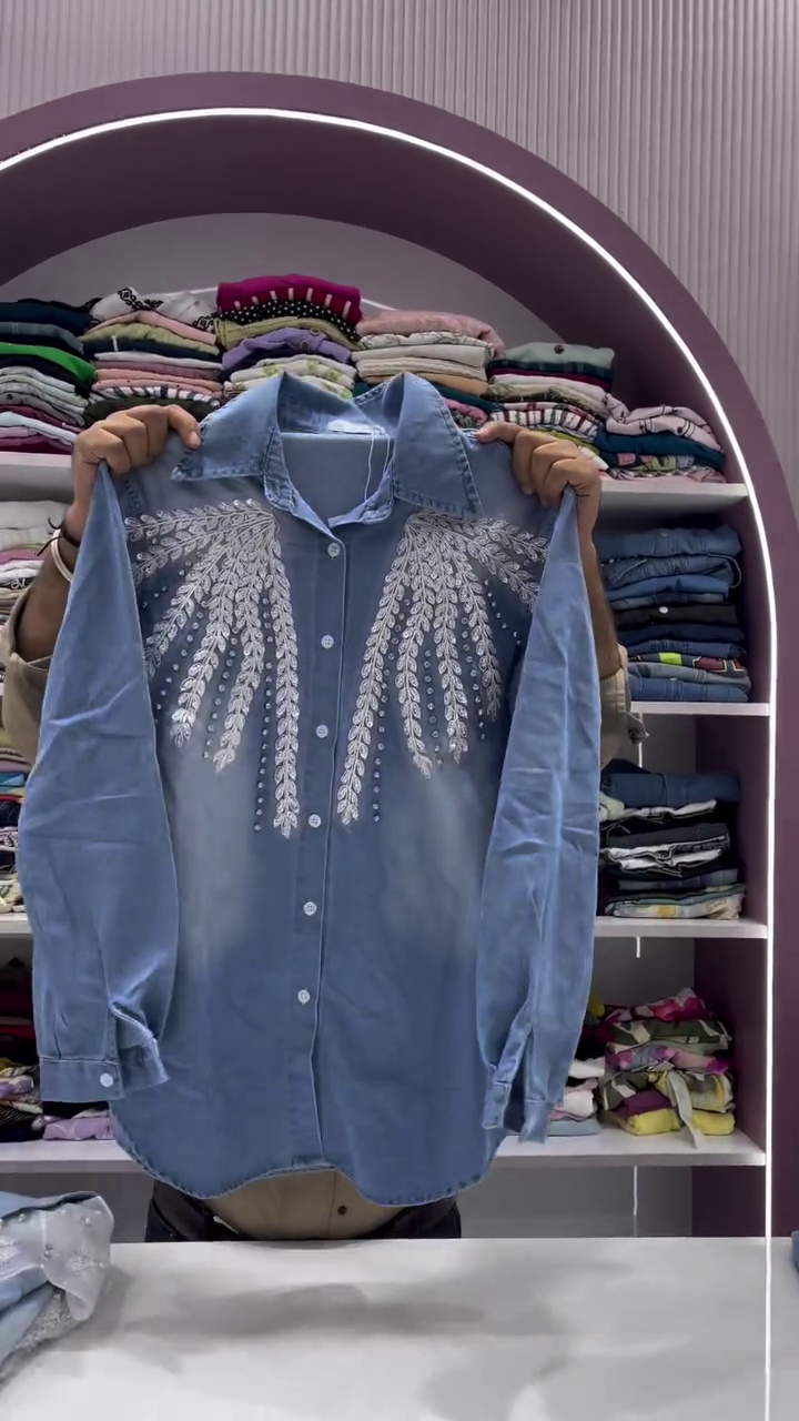 Vintage Blue Butterfly Embroidered Statement Denim Shirt with Elegant Shimmer Detailing & Premium Casual Chic Look 🦋✨