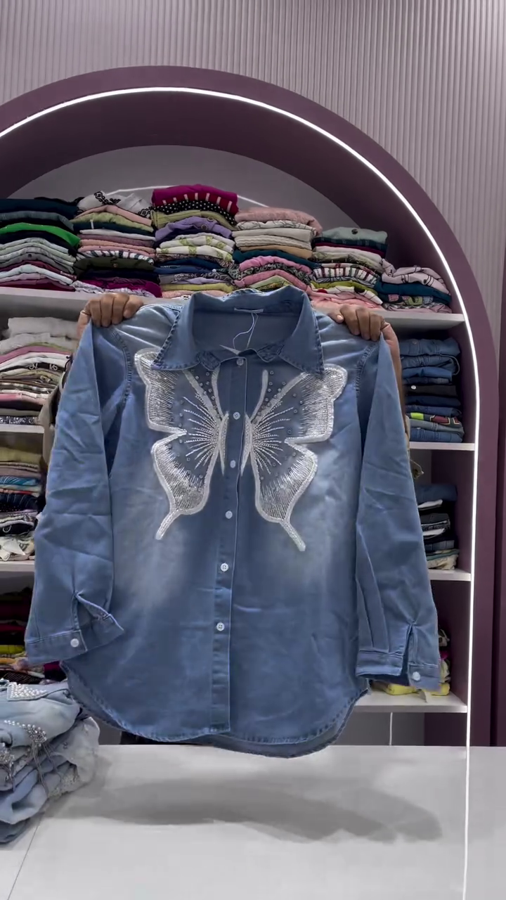 Vintage Blue Butterfly Embroidered Statement Denim Shirt with Elegant Shimmer Detailing & Premium Casual Chic Look 🦋✨