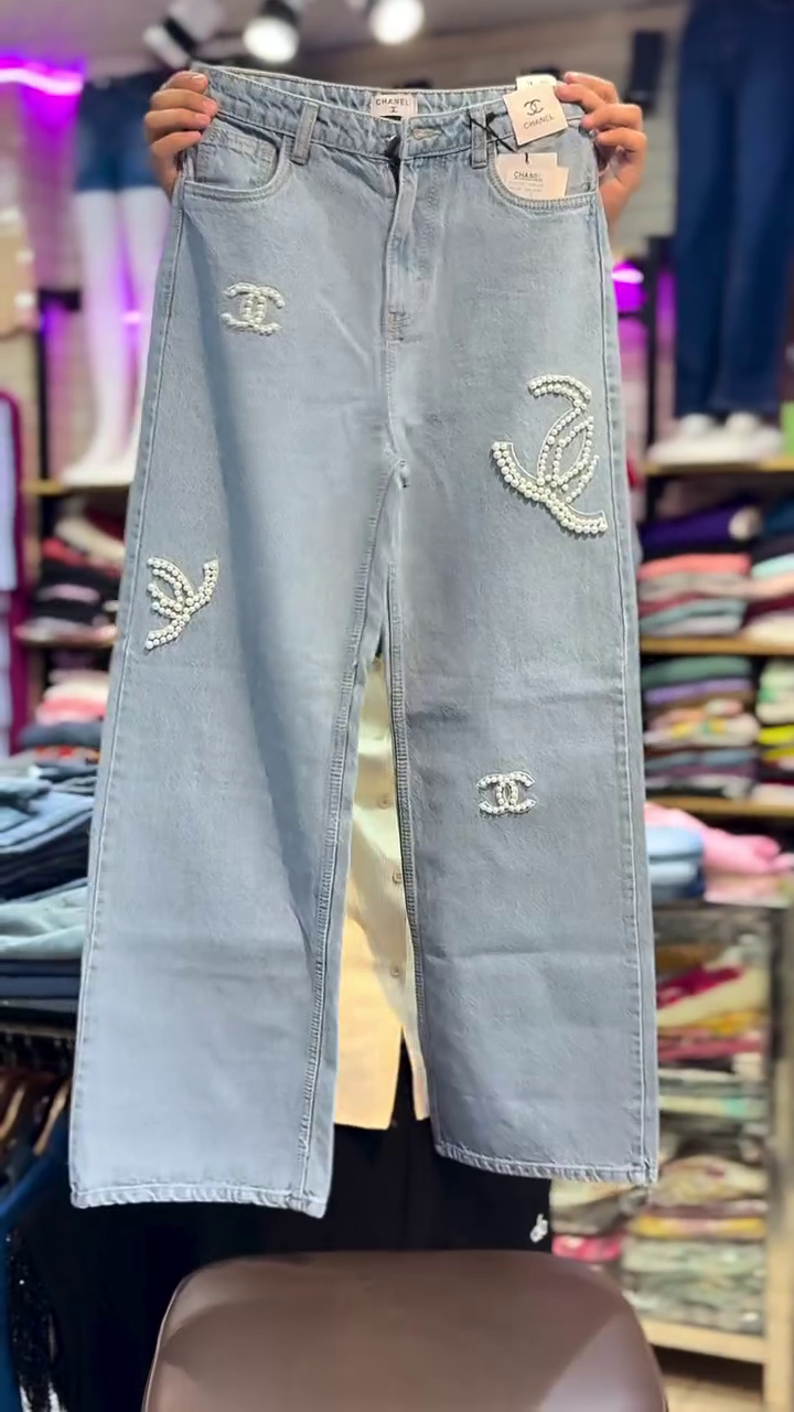 Elegant Pearl Embellished Wide-Leg Denim Jeans with Premium Floral White Top Co-Ord Outfit 💎🤍👖