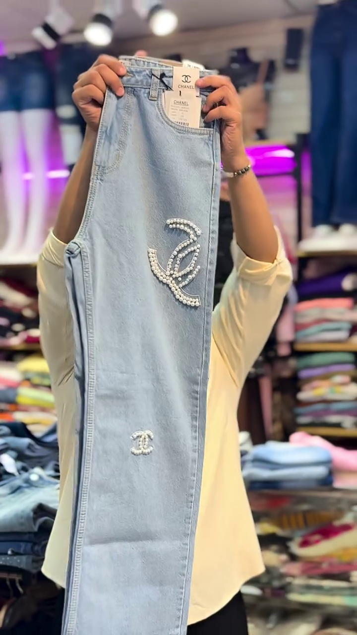Elegant Pearl Embellished Wide-Leg Denim Jeans with Premium Floral White Top Co-Ord Outfit 💎🤍👖
