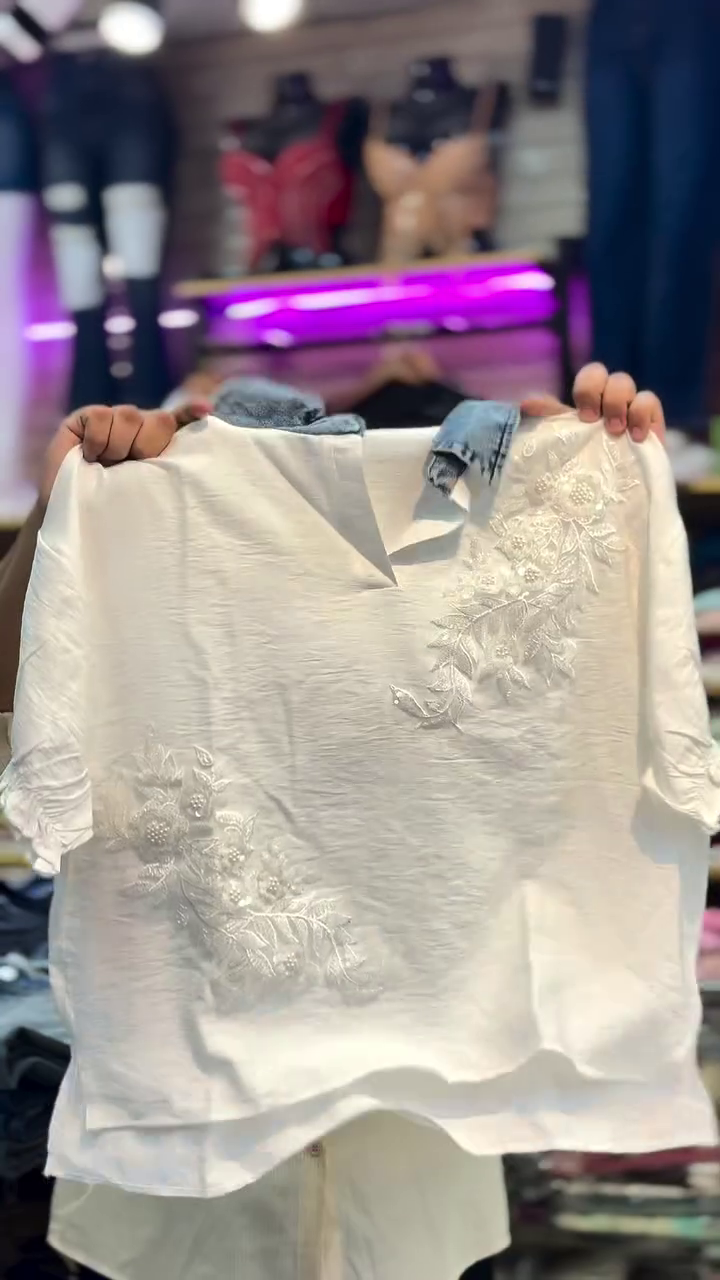Elegant Pearl Embellished Wide-Leg Denim Jeans with Premium Floral White Top Co-Ord Outfit 💎🤍👖