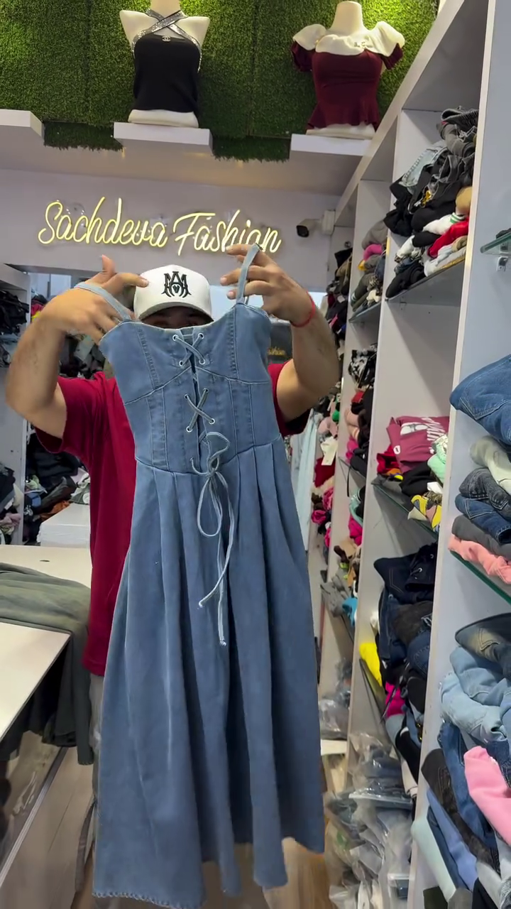 Vintage Denim Corset Flare Midi Dress for Women with Lace-Up Front Detail 💙👗✨