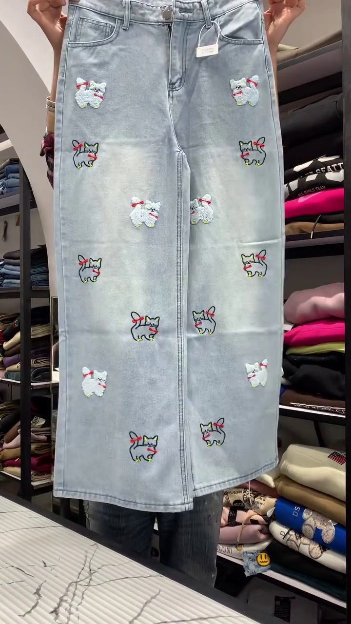🐻✨ Trendy Cartoon Embroidered Wide Leg Jeans for Women | Cute Korean Style Denim Pants | Premium Designer Collection | XXS to XXL ✨🐻