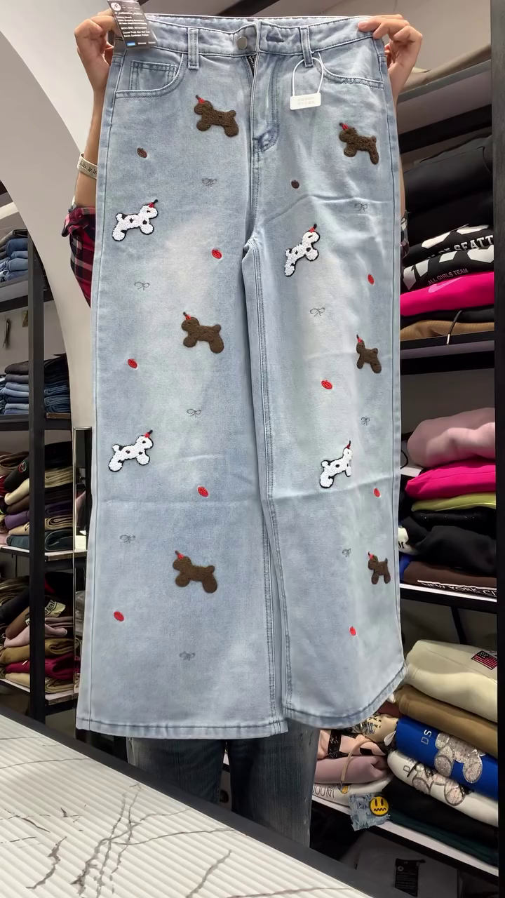 🐻✨ Trendy Cartoon Embroidered Wide Leg Jeans for Women | Cute Korean Style Denim Pants | Premium Designer Collection | XXS to XXL ✨🐻