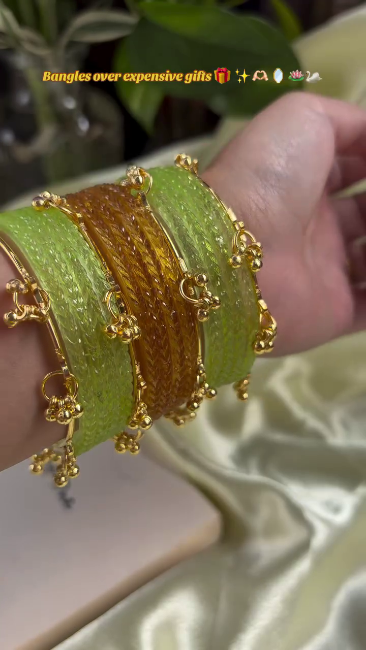 Premium Glitter Glass Bangles Set with Golden Charm Accents ✨💚