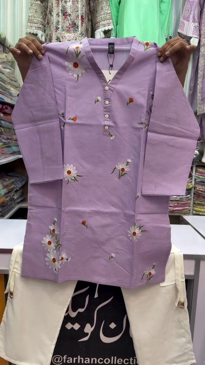 🌸 Premium Floral Embroidered Lavender Cotton Blend Straight Kurti with Stylish White Cargo Pants Co-Ord Set for Women | Elegant Casual, Office & Festive Ethnic Wear